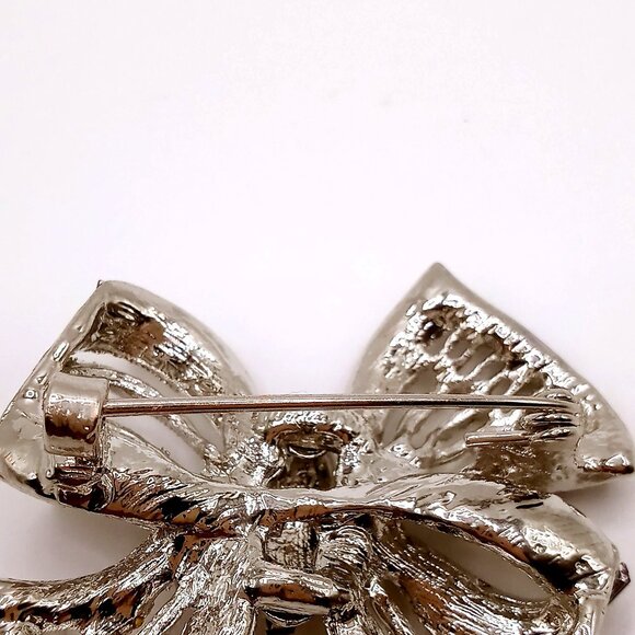 Vintage Bow Ribbon Brooch Silver-Tone Metal Blue Enamel Shiny Rhinestones Pin - Picture 5 of 11